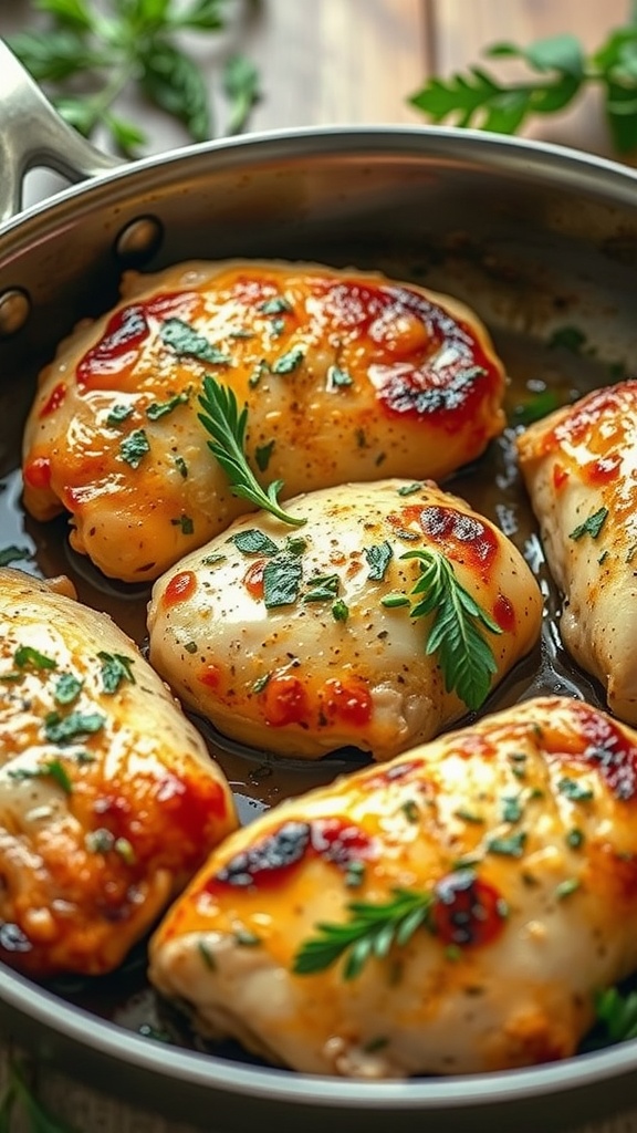 Savory Garlic Herb Chicken Thighs cooked in a skillet with herbs