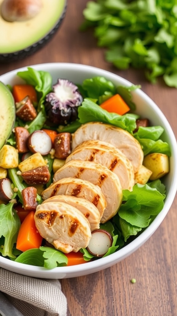 A colorful Sesame Ginger Grilled Chicken Salad with grilled chicken, mixed greens, and fresh vegetables.