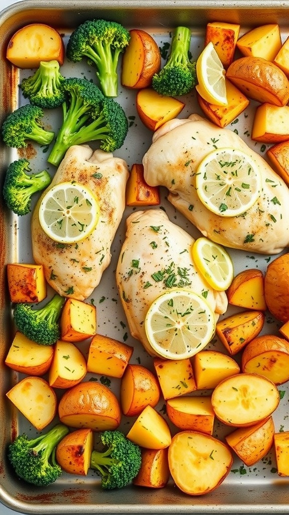 A delicious sheet pan meal featuring lemon dill chicken with potatoes and broccoli.