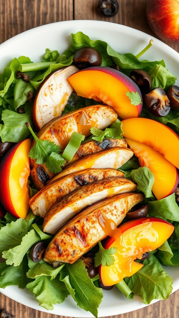 A vibrant salad featuring sliced smoked chicken, ripe peaches, and mixed greens.