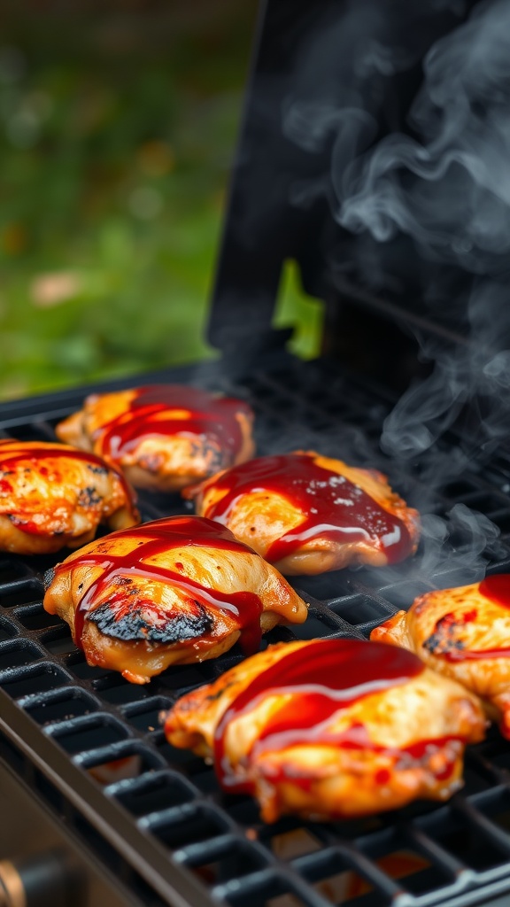 Smoky BBQ chicken thighs grilling with barbecue sauce