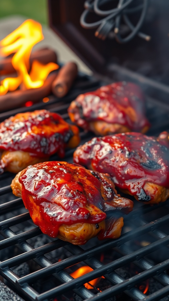 Smoky BBQ chicken thighs grilling on a barbecue