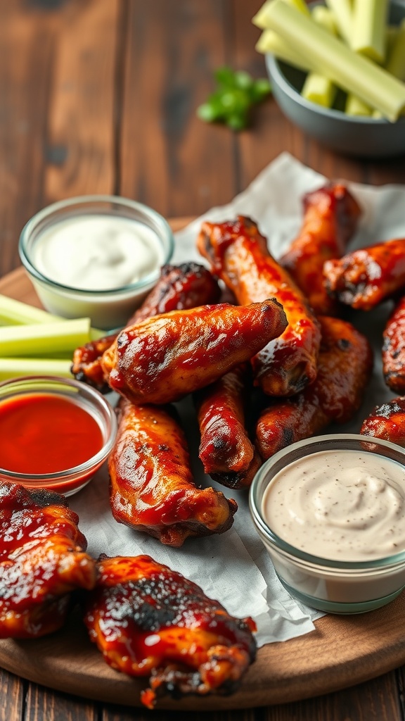 A platter of smoky BBQ chicken wings with dipping sauces and celery sticks.