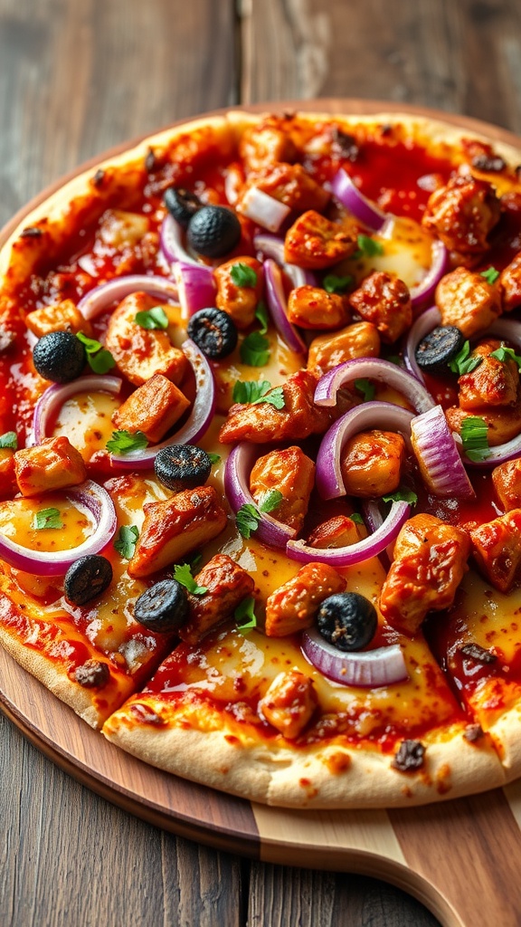 BBQ chicken pizza topped with red onion, cheese, and garnished with cilantro