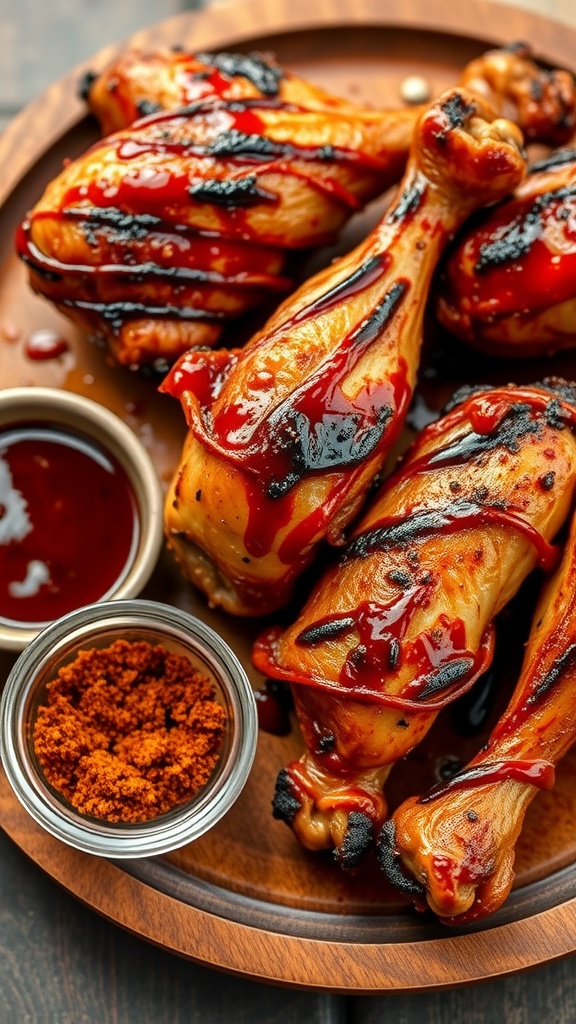 Smoky BBQ Rub seasoning next to grilled chicken legs