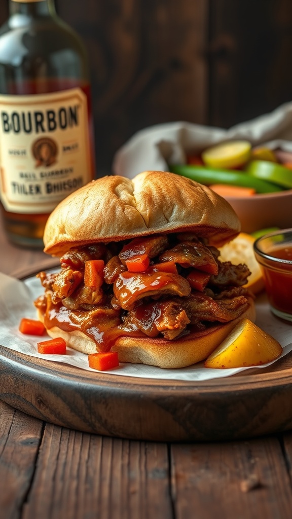 Smoky Bourbon BBQ Pulled Chicken served on a bun with colorful toppings.