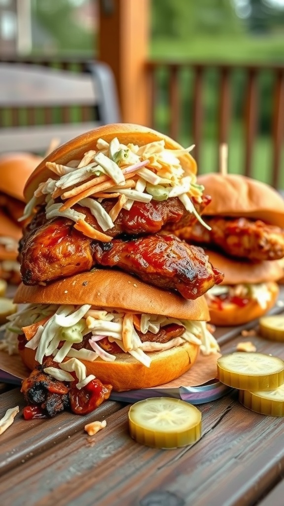 A stack of smoky chipotle BBQ chicken sandwiches with coleslaw and pickles.