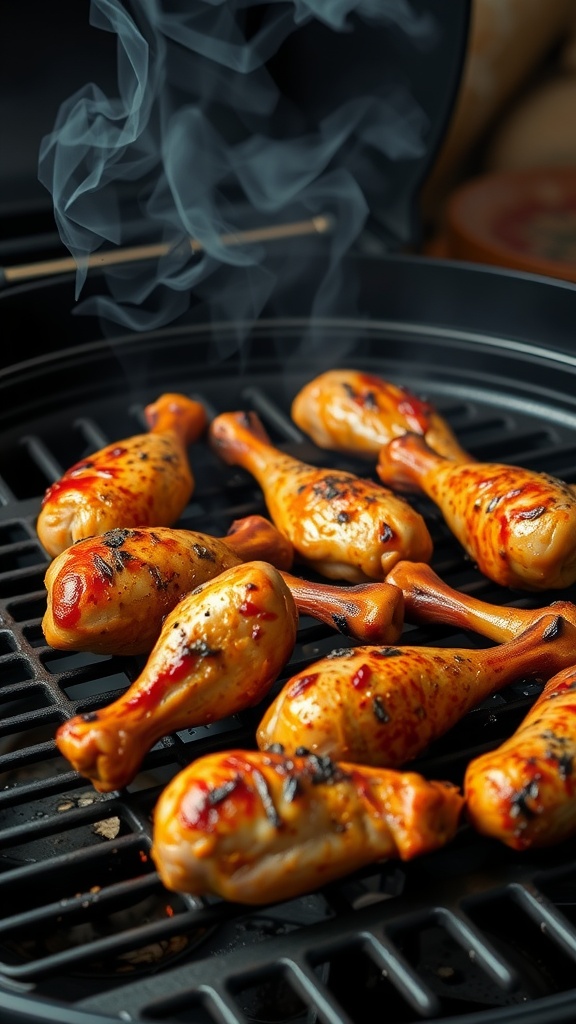 Smoky Paprika Chicken Drumsticks grilling on a barbecue.