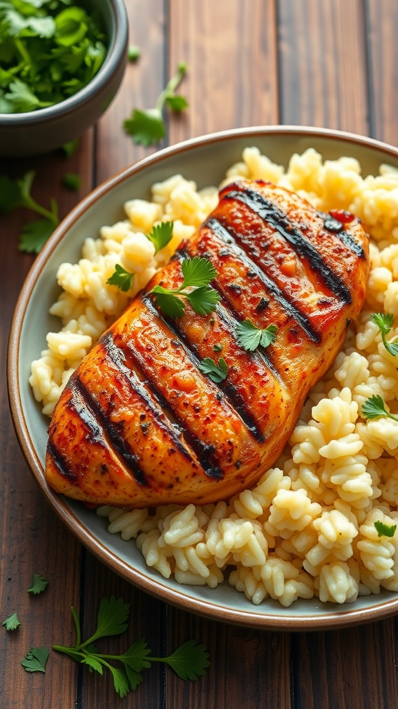 Smoky paprika chicken served on a bed of creamy Parmesan rice with fresh parsley on top.