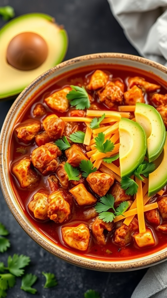 A bowl of Southwestern Chicken Thigh Chili topped with avocado, cheese, and cilantro.