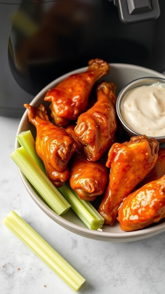 A bowl of spicy chicken wings with celery sticks and dipping sauce