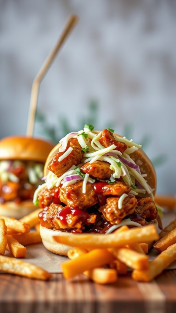 Spicy BBQ chicken sandwiches with slaw and fries