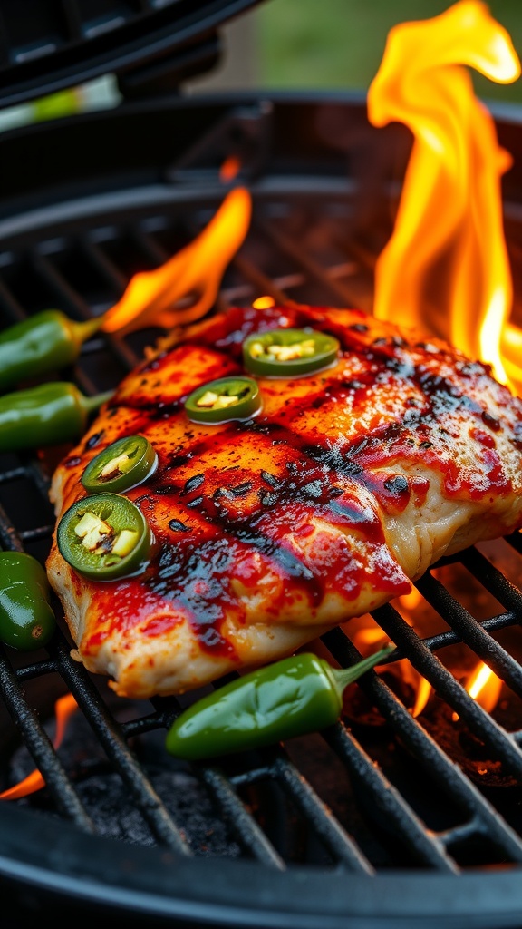 Grilled turkey breast with jalapeños and BBQ sauce on the grill.