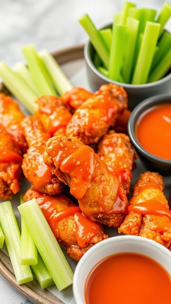 Spicy Buffalo Baked Chicken Wings with celery and dipping sauces