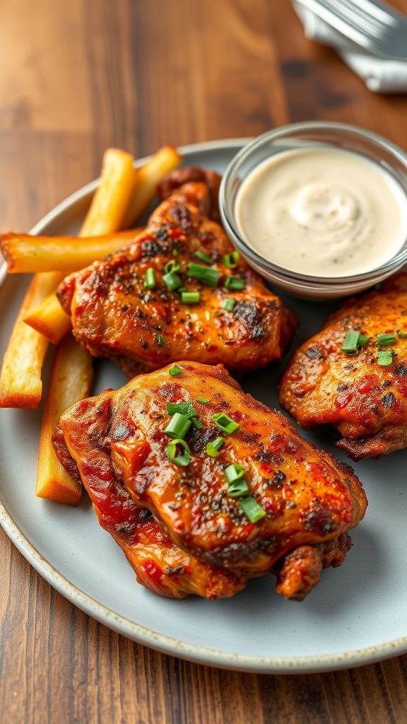 A plate of Spicy Cajun Baked Chicken Thighs served with fries and dipping sauce.
