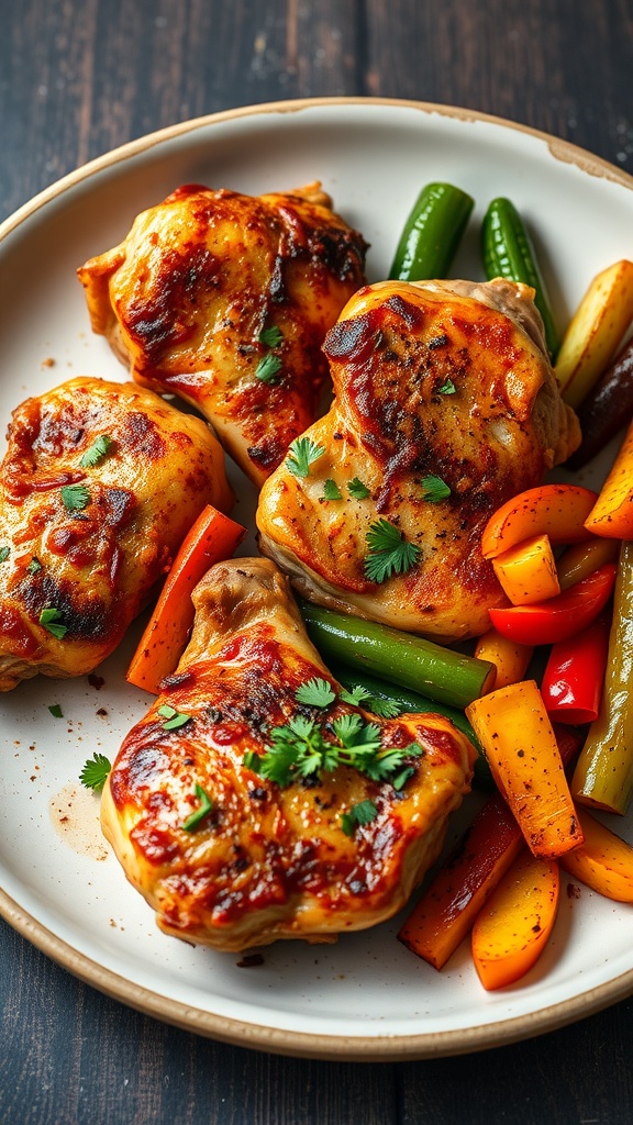 A plate of spicy cajun chicken thighs served with colorful bell peppers and garnished with cilantro.