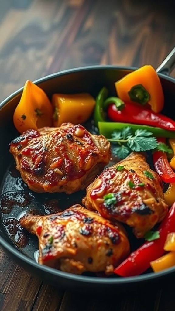 Dish of spicy Cajun chicken thighs with colorful bell peppers.