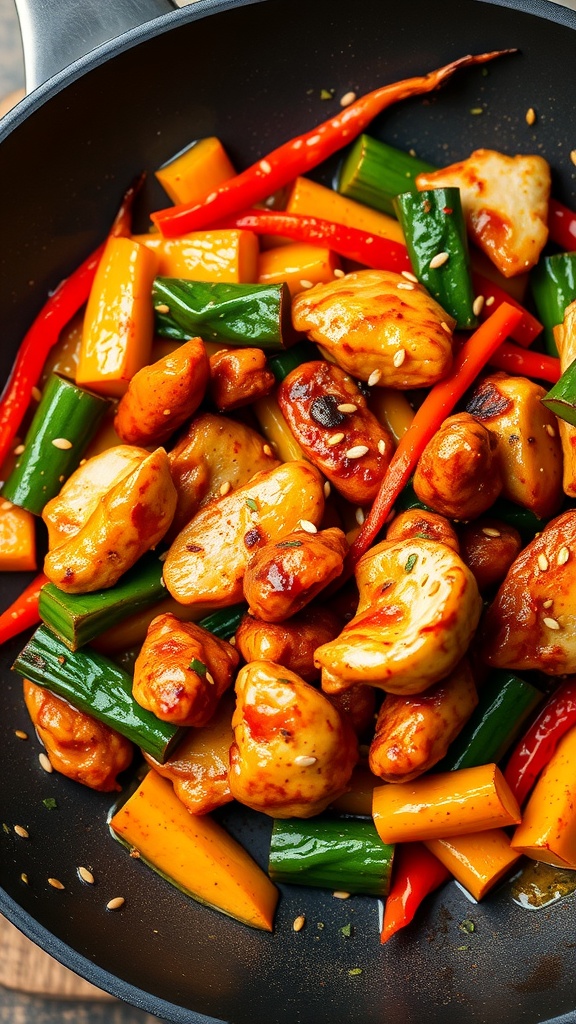 A colorful spicy chicken stir-fry showcasing chicken pieces and vibrant vegetables.