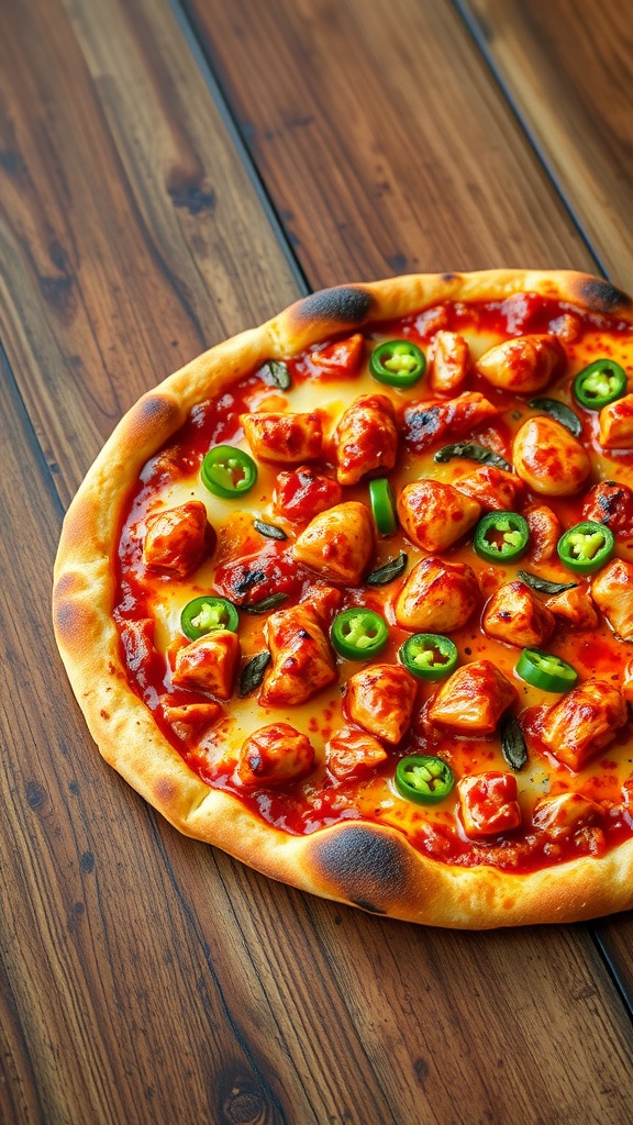 A delicious BBQ chicken pizza with chipotle sauce, mozzarella cheese, jalapeños, and red onions on a wooden table.