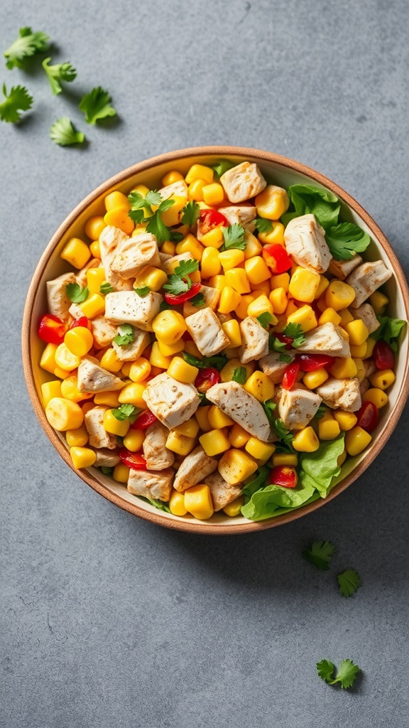 A bowl of spicy chipotle chicken and corn salad with fresh ingredients.