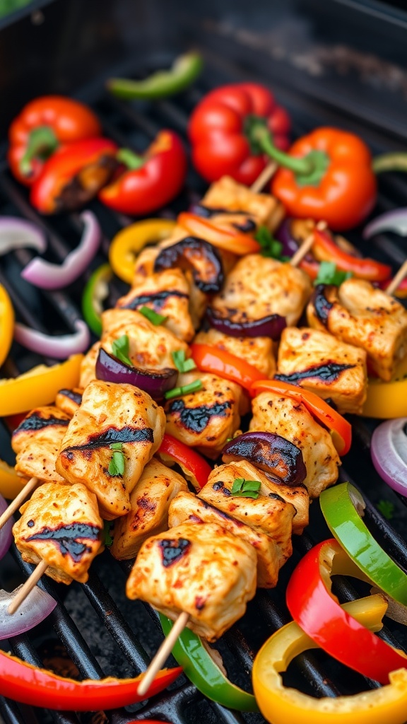 Spicy chipotle chicken skewers with colorful bell peppers on a grill