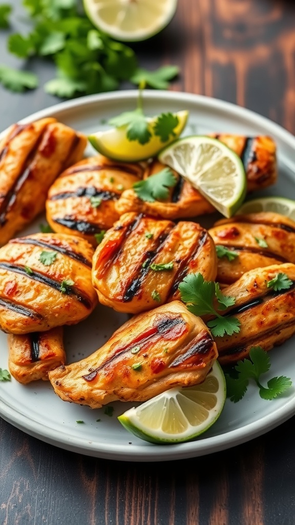 A plate of grilled Spicy Cilantro Lime Chicken with lime wedges and cilantro garnishing.