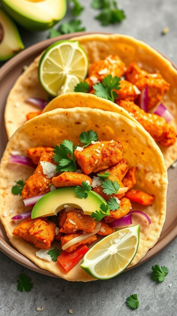 Two spicy cilantro lime chicken tacos with avocado and lime.