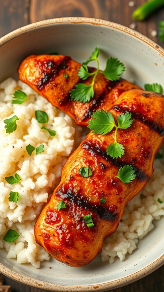 Spicy Garlic Chicken with Coconut Rice served in a bowl.