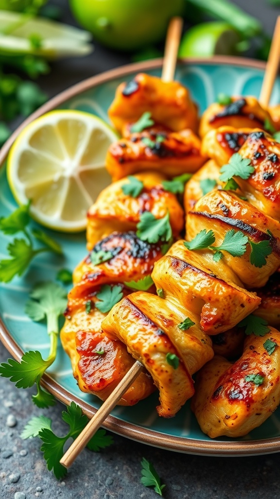Spicy Garlic Lime Chicken Skewers ready to be served with lime and cilantro