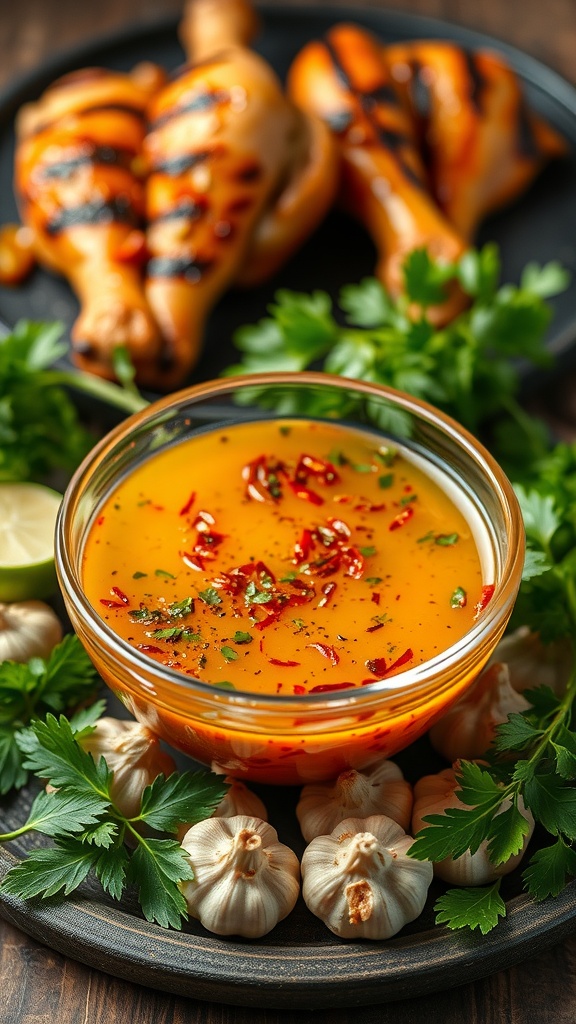 A bowl of spicy garlic marinade surrounded by fresh ingredients ready for grilled chicken legs.
