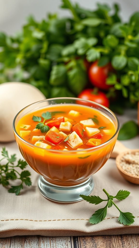 A bowl of spicy gazpacho chicken soup with fresh vegetables.
