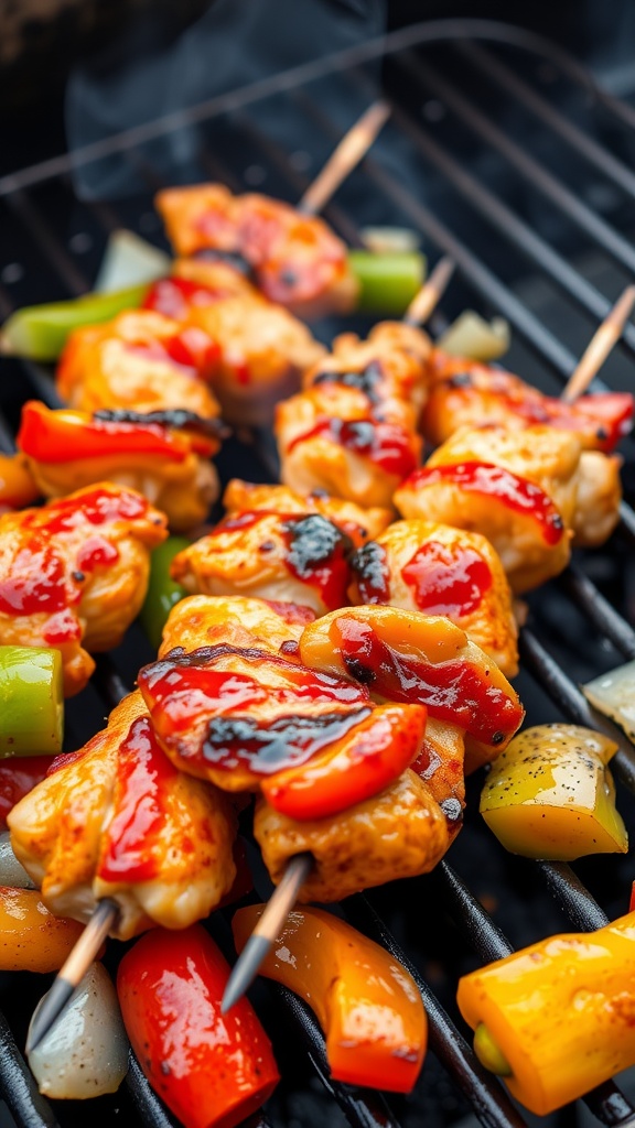 Grilled chicken skewers with colorful peppers on a BBQ grill