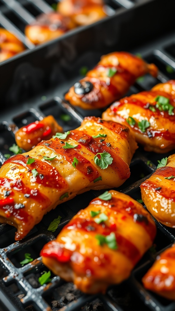 Spicy Honey Garlic Chicken Strips on a grill