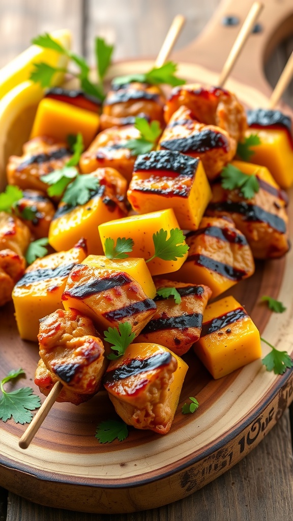 Grilled chicken skewers with mango and herbs on a wooden platter