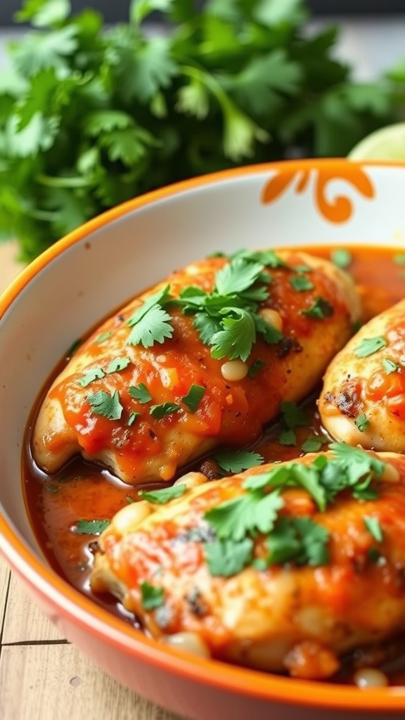 A dish of Spicy Salsa Baked Chicken garnished with cilantro.