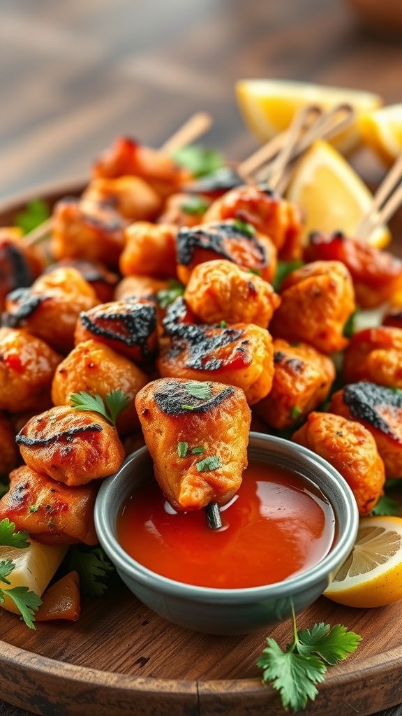 Delicious spicy chicken skewers served on a platter.