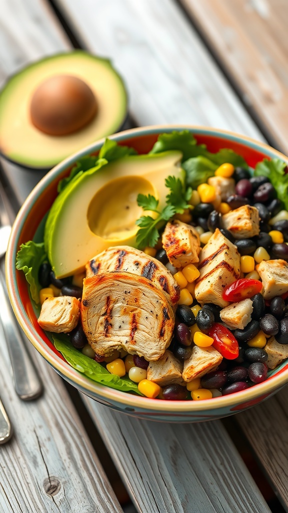 A colorful Spicy Southwest Grilled Chicken Salad with grilled chicken, black beans, corn, and avocado.