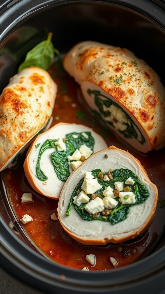 Spinach and feta stuffed chicken breast in a slow cooker