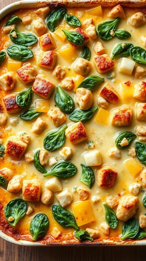 A delicious spinach artichoke chicken casserole topped with fresh spinach and chunks of cheese