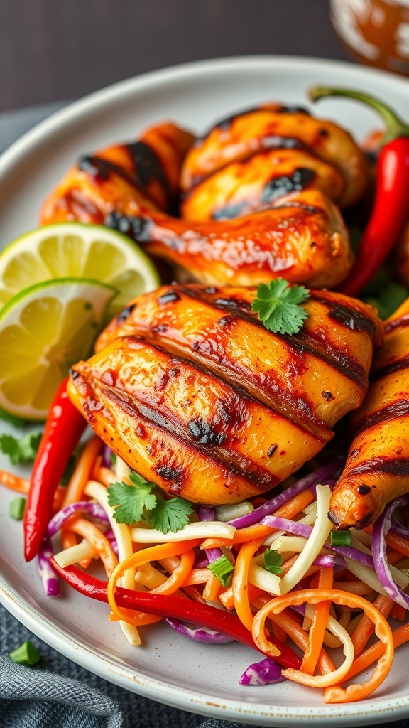 Grilled chicken with slaw and lime garnishes