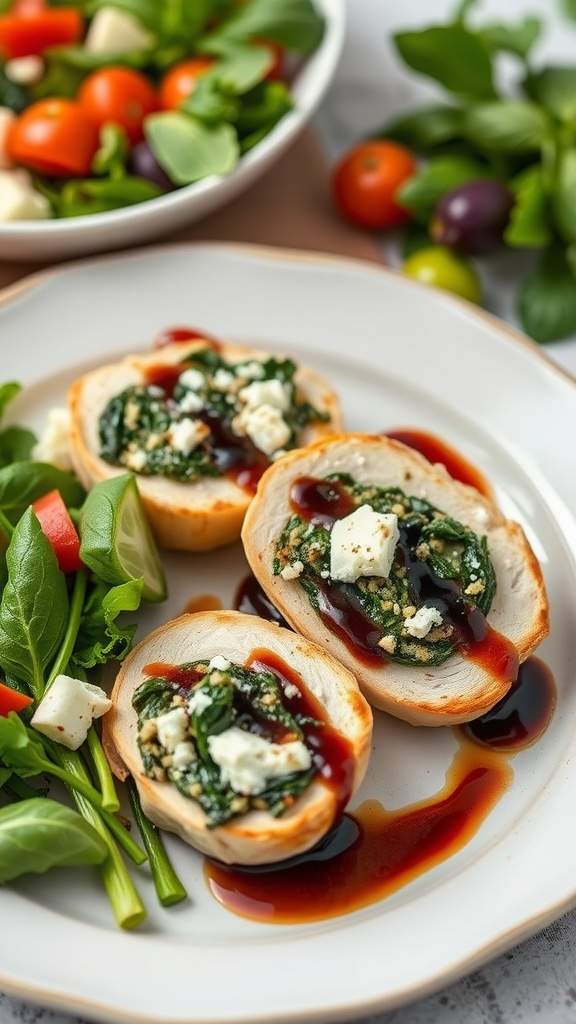 Stuffed chicken breast with spinach and feta on a plate, served with a side salad.