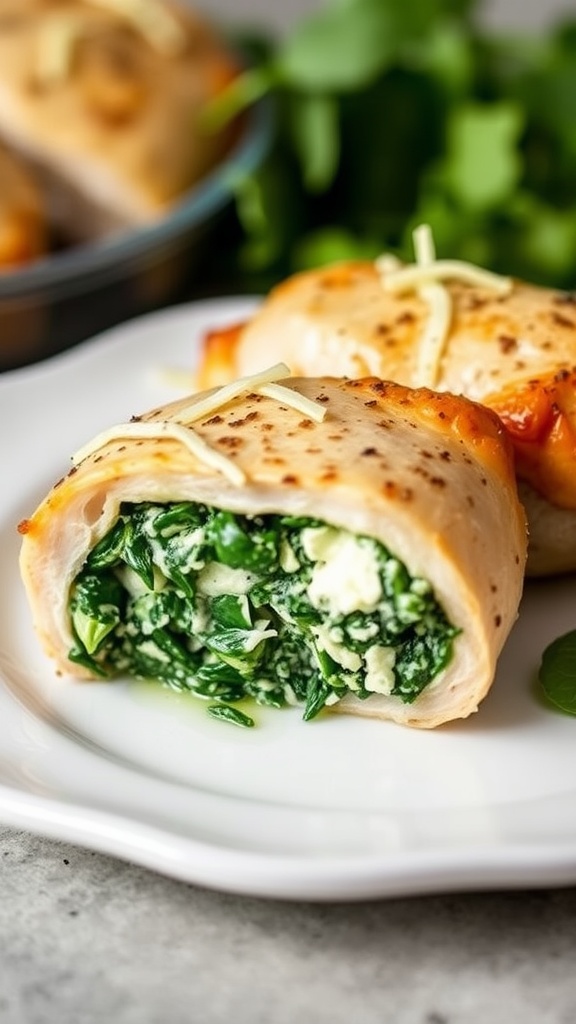 A plate of stuffed chicken thighs with spinach and feta filling