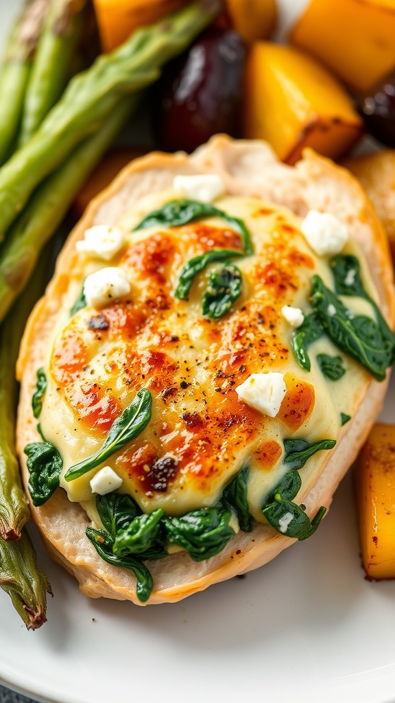 Stuffed chicken breast with spinach and feta served with roasted vegetables.