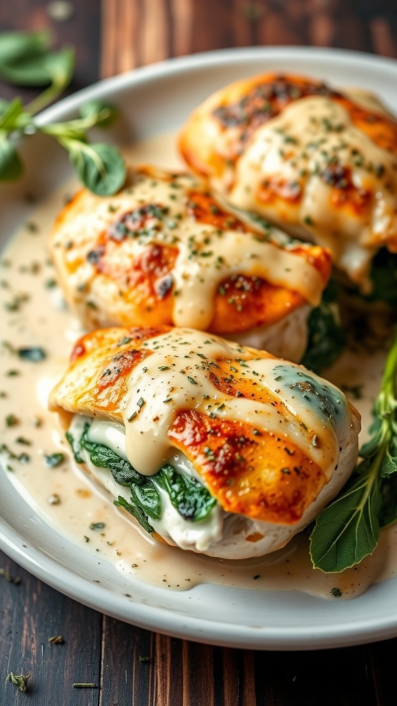 Stuffed Keto Chicken Breast with creamy spinach and cheese sauce on a plate