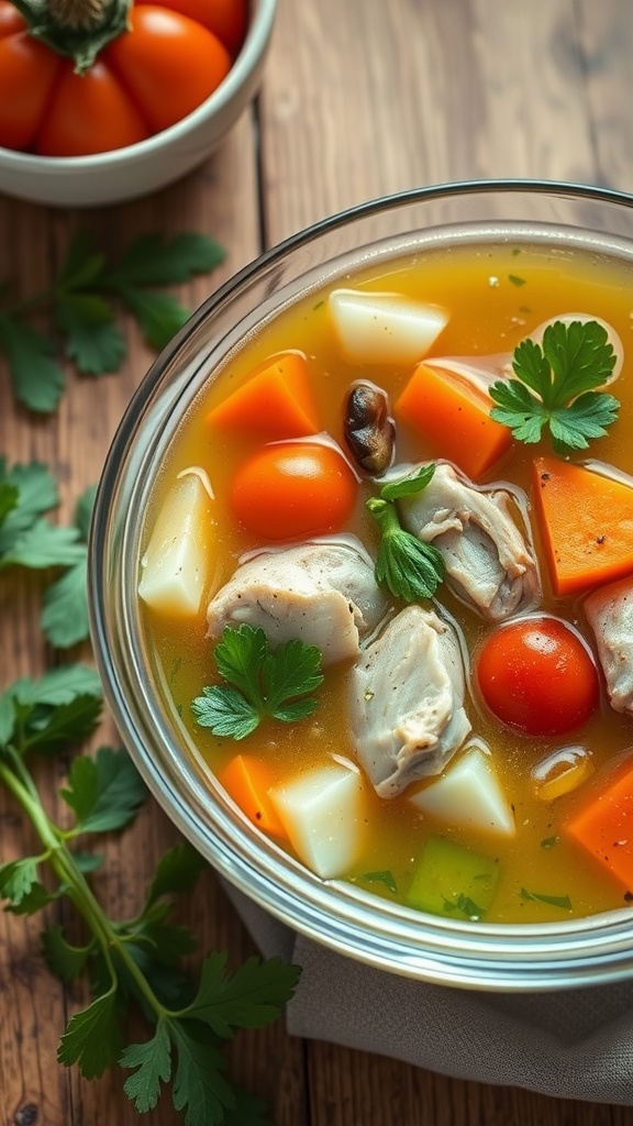 A bowl of summer vegetable chicken soup with colorful vegetables and herbs.