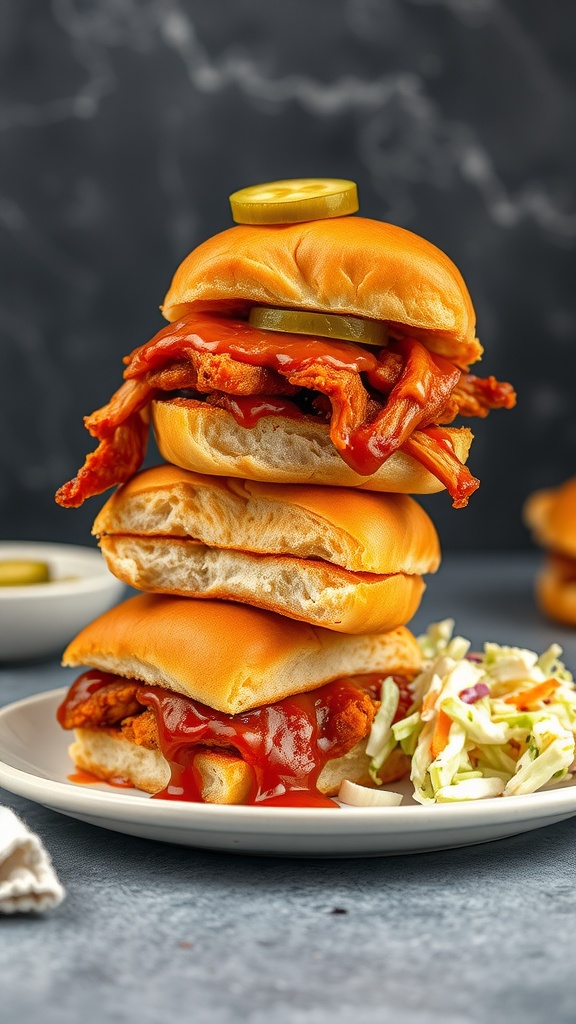 A stack of sweet and smoky BBQ chicken sliders with pickles on top.