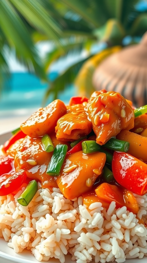A delicious plate of sweet and sour chicken served over rice with colorful vegetables.