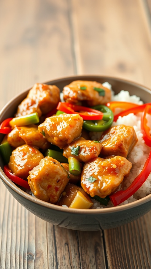 Bowl of sweet and sour chicken thighs with vegetables