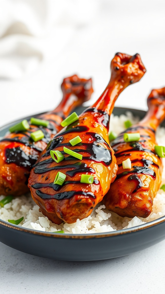 Sweet and Spicy Asian Drumsticks on a plate garnished with green onions.