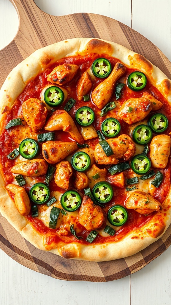 BBQ chicken pizza topped with jalapeños and green onions on a wooden board